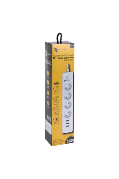 YENİ KONSEPT Fulltech 4'Lü Termal Akım Korumalı Priz 3Xusb 2Mt 10A 2500W Ftr-06 - 2