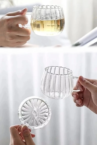 4lü Çizgili Still Cam Bardak 250 ml Isıya Dayanıklı Kulplu Çay Fincanı Kahve Sunum Bardağı Kupa - 3