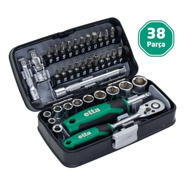 Elta 1/4" Altıköşe Cırcırlı Lokma Anahtar ve Bits Uç Seti 38 Parça