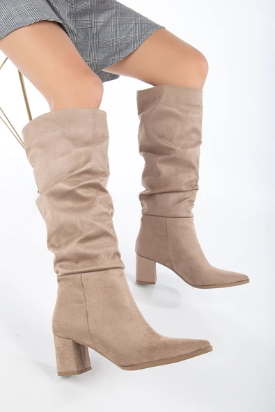 Lise-Britt Nude Süet Körüklü Topuklu Kadın Çizme - 2