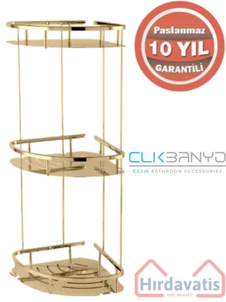 Çelik Banyo Paslanmaz Pirinç Marin 3'lü 19X19CM Şampuanlık Köşe Süngerlik -Altın Gold