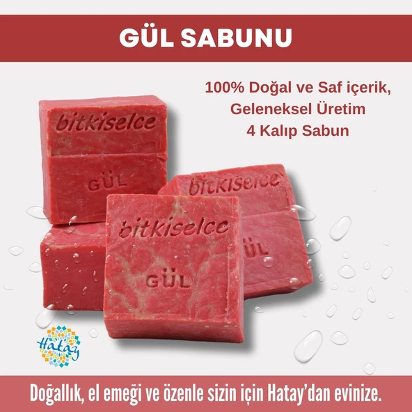 Bitkiselce Saf ve doğal içeriklerle Gül Sabunu  450 gr (4 Kalıp)