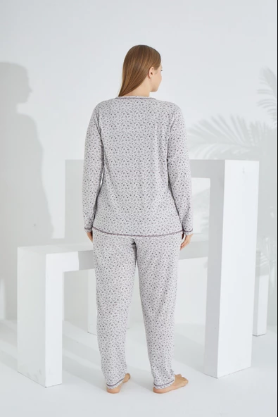 %100 Pamuk Uzun Kol Büyük Beden Kadın Pijama Takımı 98908 - 4