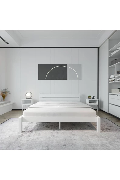 RENAZZO Letto Beyaz Ahşap Karyola Ve İki komodin Set