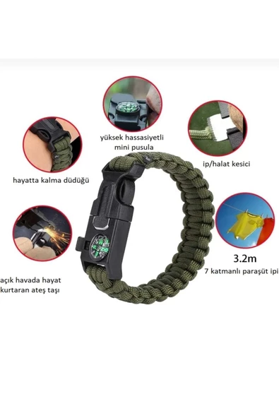 HOMBAK Gaddar bileklik taktikal yeşil taktik bileklik magnezyum çubuklu düdüklü unisex bileklik hediyelik - Resim 5