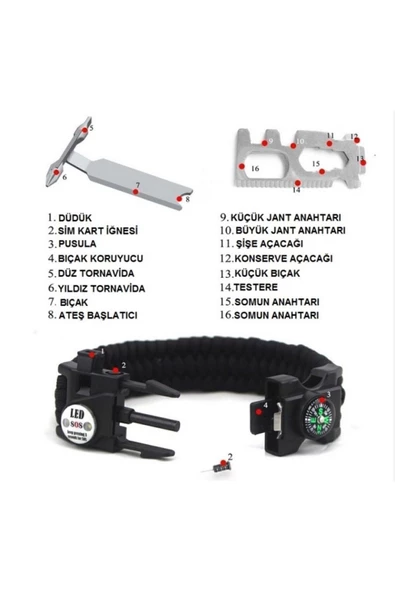 HT SAĞLIK Gaddar Plus taktikal yeşil bileklik magnezyum çubuklu düdüklü ledli unisex hediyelik 19 işlev - Resim 2