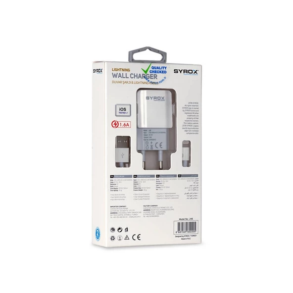 Syrox IPhone Lightning 1.6 mAh1M Hızlı Şarj Cihazı SYX-J46 - 2