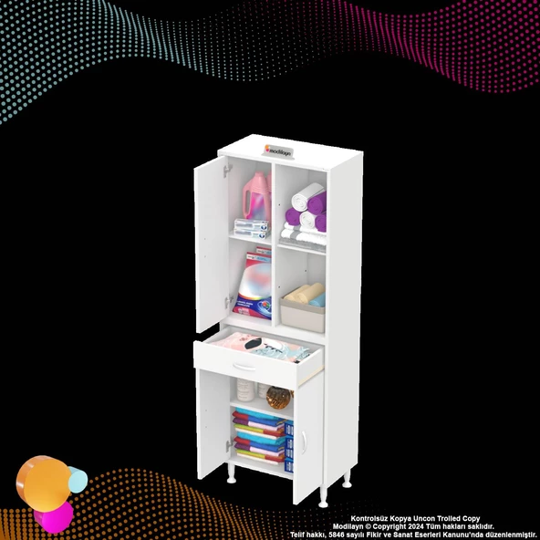 Modilayn AFRA 55x173x32,5 cm 1 Çekmece 3 Kapak 3 Raf 6 Bölme Çok Amaçlı Banyo & Mutfak Dolabı  - Resim 7