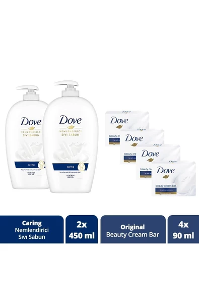 Nemlendirici Sıvı Sabun Caring 450 ml x2 + Dove Beauty Cream Bar Original 90 g x4