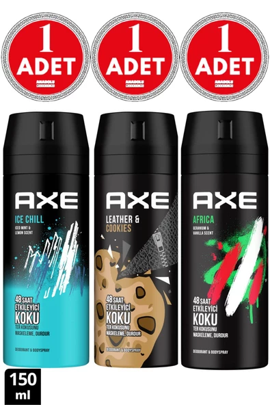 Erkek Deodorant Sprey Ice Chill 150 Ml +Leather & Cookies 150 Ml + Africa 150 ml 1'er Adet