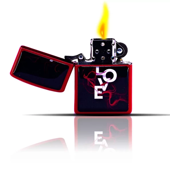 Love Basıkılı Kırmızı Zippo Tarzı Benzinli Çakmak