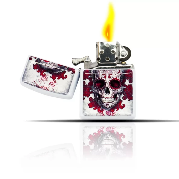 Kafatası Desenli Kırmızı Beyaz Zippo Tarzı Benzinli Çakmak