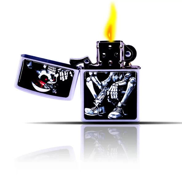 Kafatası Desenli Beyaz Zippo Tarzı Benzinli Çakmak