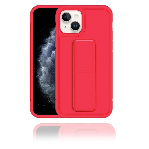 Apple IPhone 13 Mini Uyumlu Mat Kırmızı Yumuşak Silikon Standlı Tutacaklı (Tutamaçlı) Telefon Kılıfı - 1