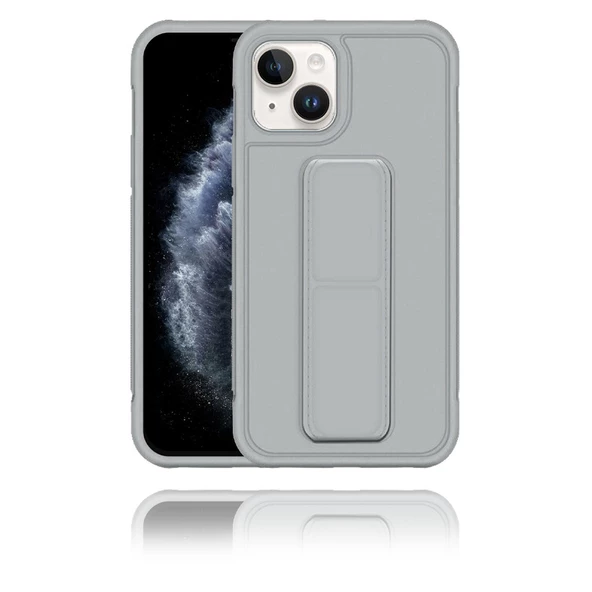 Apple IPhone 13 Uyumlu Mat Gri Yumuşak Silikon Standlı Tutacaklı (Tutamaçlı) Telefon Kılıfı - 1