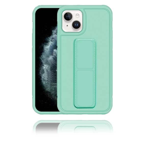 Apple IPhone 13 Uyumlu Mat Turkuaz Yumuşak Silikon Standlı Tutacaklı (Tutamaçlı) Telefon Kılıfı - 1