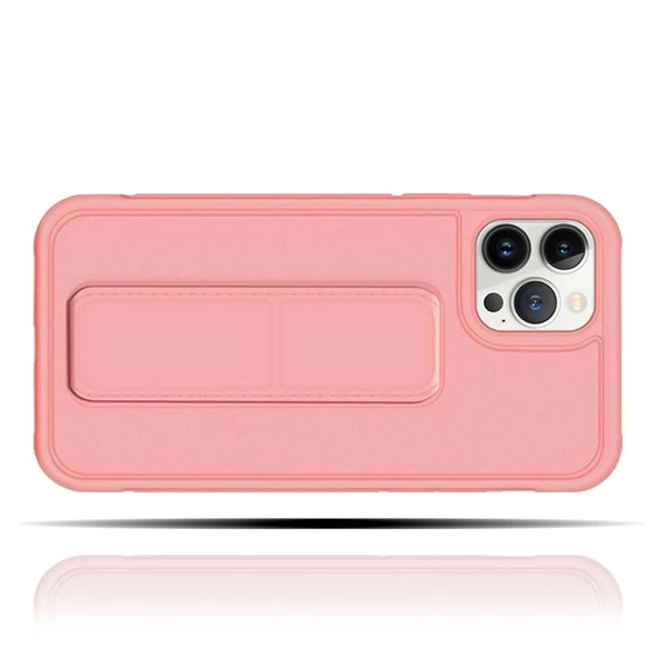 IPhone 12 Pro Max Uyumlu Mat Pembe Silikon Standlı Tutacaklı Telefon Kılıfı - 2