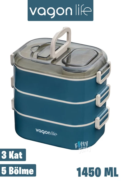 Vagonlife 1450 ML 3 Kat Çelik (2 Kat Kullanılabilir) Bento Lunch Box Yeni Nesil Sefer Tası-FFLBOX7083 - 2