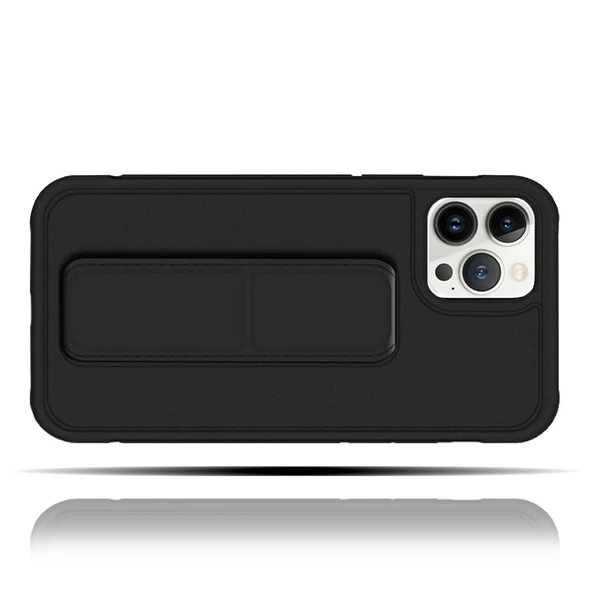 Apple IPhone 14 Pro Uyumlu Mat Siyah Yumuşak Silikon Standlı Tutacaklı (Tutamaçlı) Telefon Kılıfı - 1