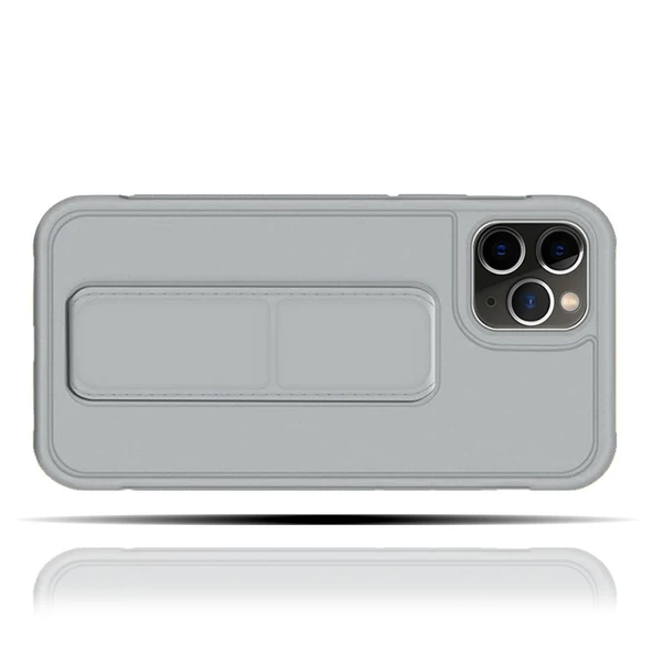 Apple IPhone 11 Pro Max Uyumlu Mat Gri Yumuşak Silikon Standlı Tutacaklı (Tutamaçlı) Telefon Kılıfı - 2