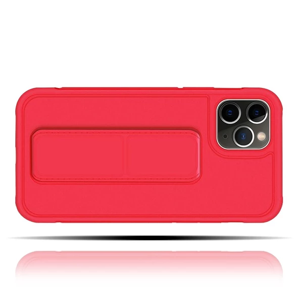 Apple IPhone 11 Pro Uyumlu Mat Kırmızı Yumuşak Silikon Standlı Tutacaklı (Tutamaçlı) Telefon Kılıfı - 2
