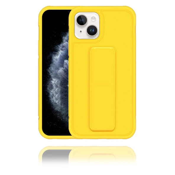 Apple IPhone 13 Uyumlu Mat Sarı Yumuşak Silikon Standlı Tutacaklı (Tutamaçlı) Telefon Kılıfı - 1