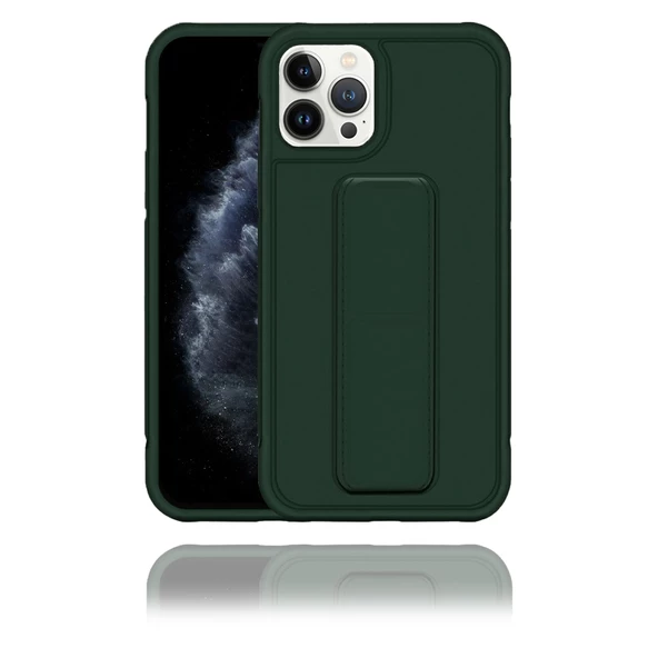IPhone 12 Pro Uyumlu Mat Yeşil Silikon Standlı Tutacaklı Telefon Kılıfı - 1