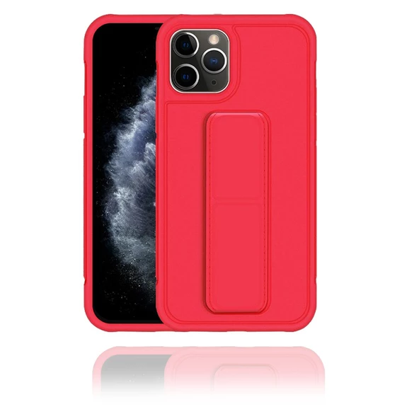 Apple IPhone 11 Pro Uyumlu Mat Kırmızı Yumuşak Silikon Standlı Tutacaklı (Tutamaçlı) Telefon Kılıfı - 1