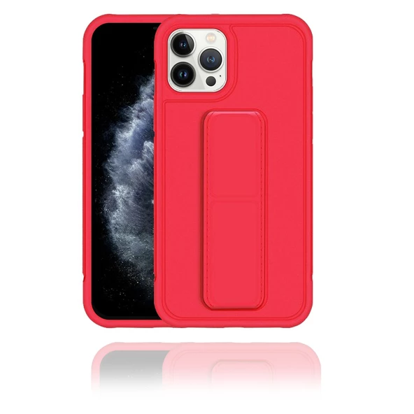Apple IPhone 13 Pro Max Uyumlu Mat Kırmızı Yumuşak Silikon Standlı Tutacaklı (Tutamaçlı) Telefon Kılıfı - 1