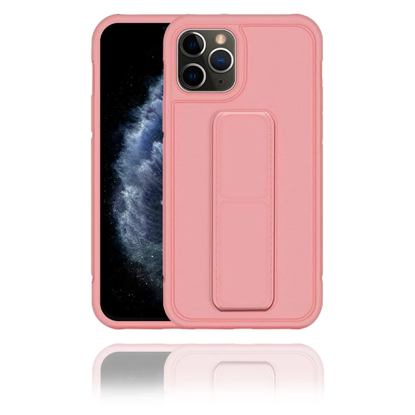 IPhone 11 Pro Max Uyumlu Mat Pembe Silikon Standlı Tutacaklı Telefon Kılıfı - 1