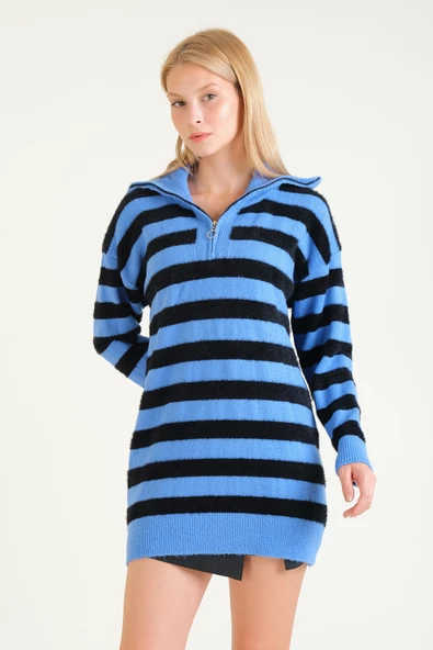 Kadın Çizgili Yarım Fermuarlı Tüylü Tunik Mavi - Resim 3