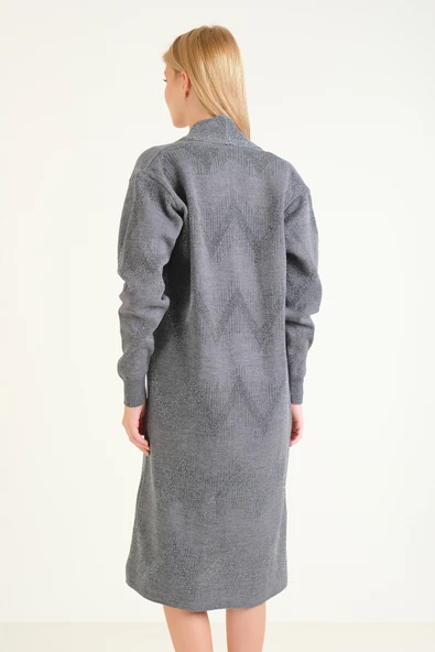 Kadın Simli Oversize Uzun Hırka  Antrasit - 6