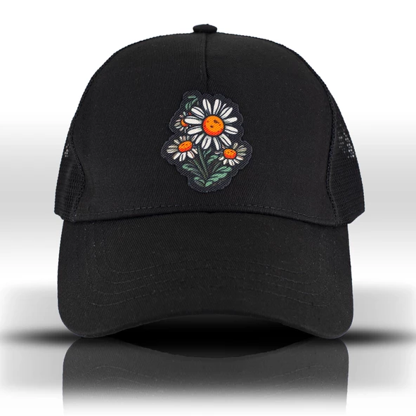 Çiçek Desenli Papatya Figürlü Fileli Siyah Beyzbol Şapka Unisex Trucker Cap