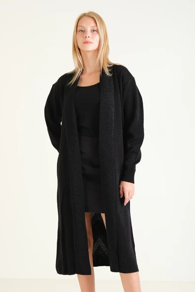 Kadın Simli Oversize Uzun Hırka  Siyah - 2