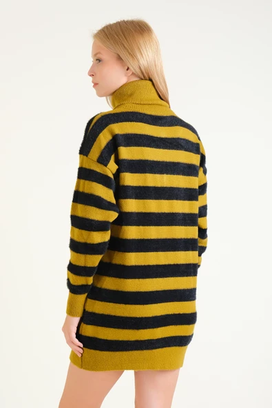 Kadın Çizgili Yarım Fermuarlı Tüylü Tunik Hardal - Resim 6