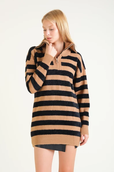 Kadın Çizgili Yarım Fermuarlı Tüylü Tunik Vizon - 2