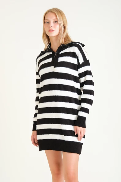 Kadın Çizgili Yarım Fermuarlı Tüylü Tunik Siyah - 2