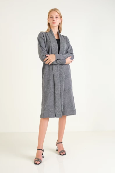 Kadın Simli Oversize Uzun Hırka  Antrasit - 3