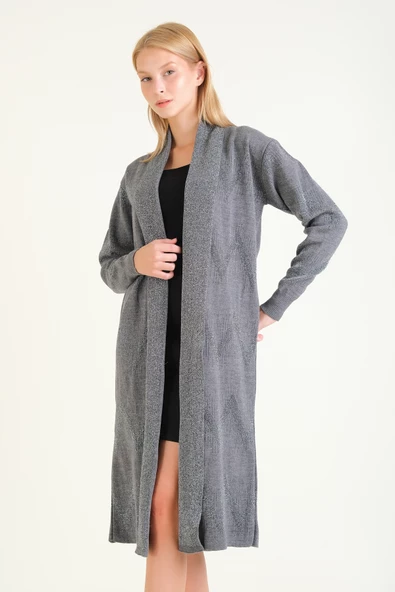 Kadın Simli Oversize Uzun Hırka  Antrasit