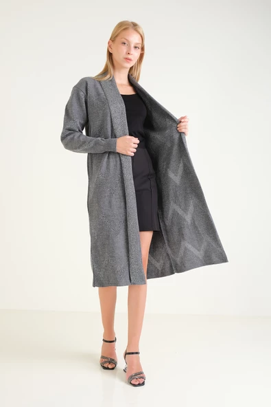 Kadın Simli Oversize Uzun Hırka  Antrasit - 5