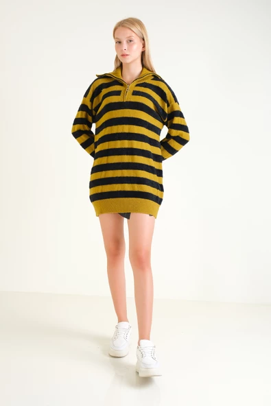 Kadın Çizgili Yarım Fermuarlı Tüylü Tunik Hardal - Resim 4