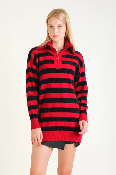 Kadın Çizgili Yarım Fermuarlı Tüylü Tunik Kırmızı - 3