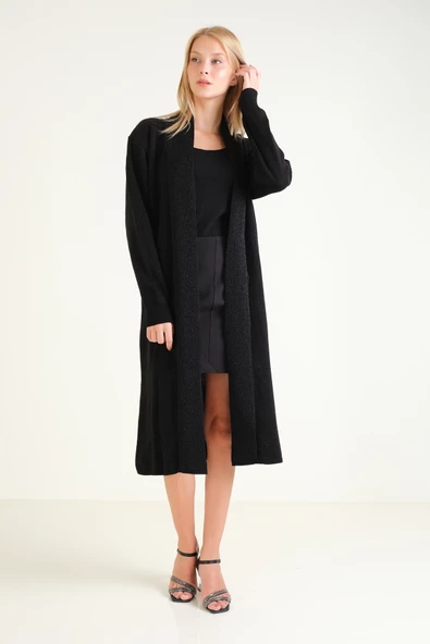 Kadın Simli Oversize Uzun Hırka  Siyah - 5