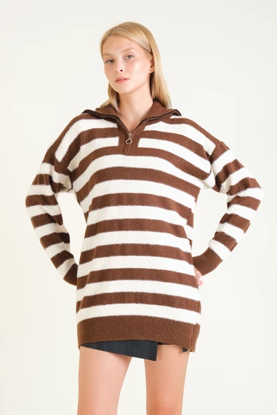 Kadın Çizgili Yarım Fermuarlı Tüylü Tunik Kahverengi - 3