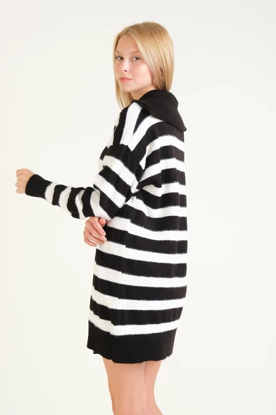 Kadın Çizgili Yarım Fermuarlı Tüylü Tunik Siyah - 6