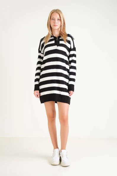 Kadın Çizgili Yarım Fermuarlı Tüylü Tunik Siyah - 4