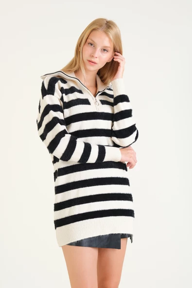 Kadın Çizgili Yarım Fermuarlı Tüylü Tunik Ekru - 3