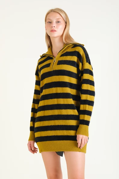 Kadın Çizgili Yarım Fermuarlı Tüylü Tunik Hardal - Resim 3