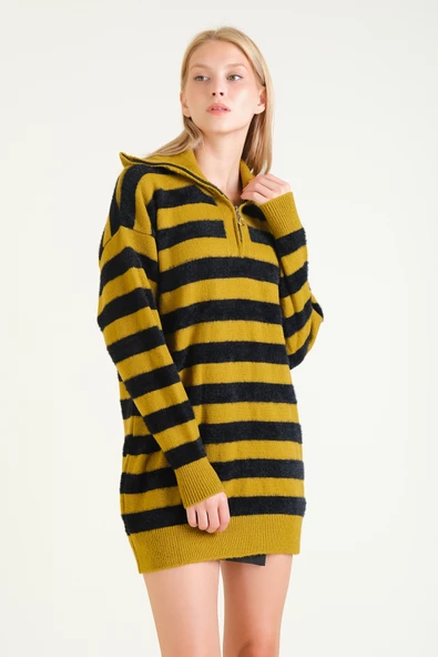 Kadın Çizgili Yarım Fermuarlı Tüylü Tunik Hardal - Resim 2