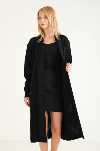 Kadın Simli Oversize Uzun Hırka  Siyah